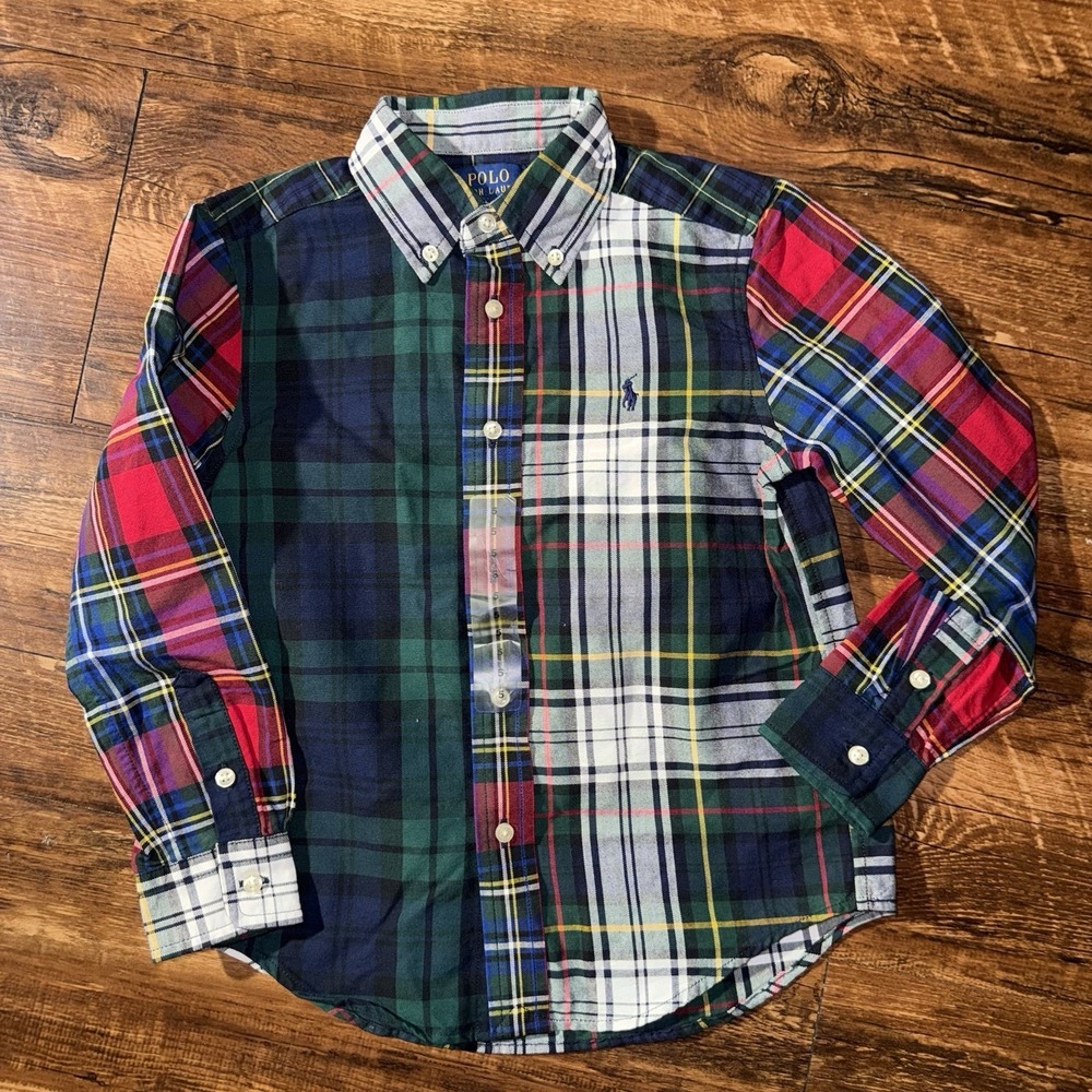 Polo Ralph Lauren Gridprint Button Up Long Sleeve Shirt Boys 5 NEW $65
